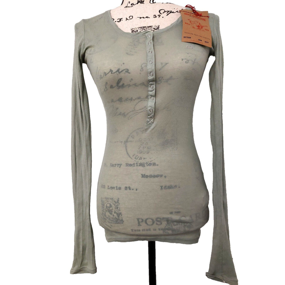 True Religion Long Sleeve Crystal Kristen Green Cotton Henley Shirt XS - Picture 6 of 12